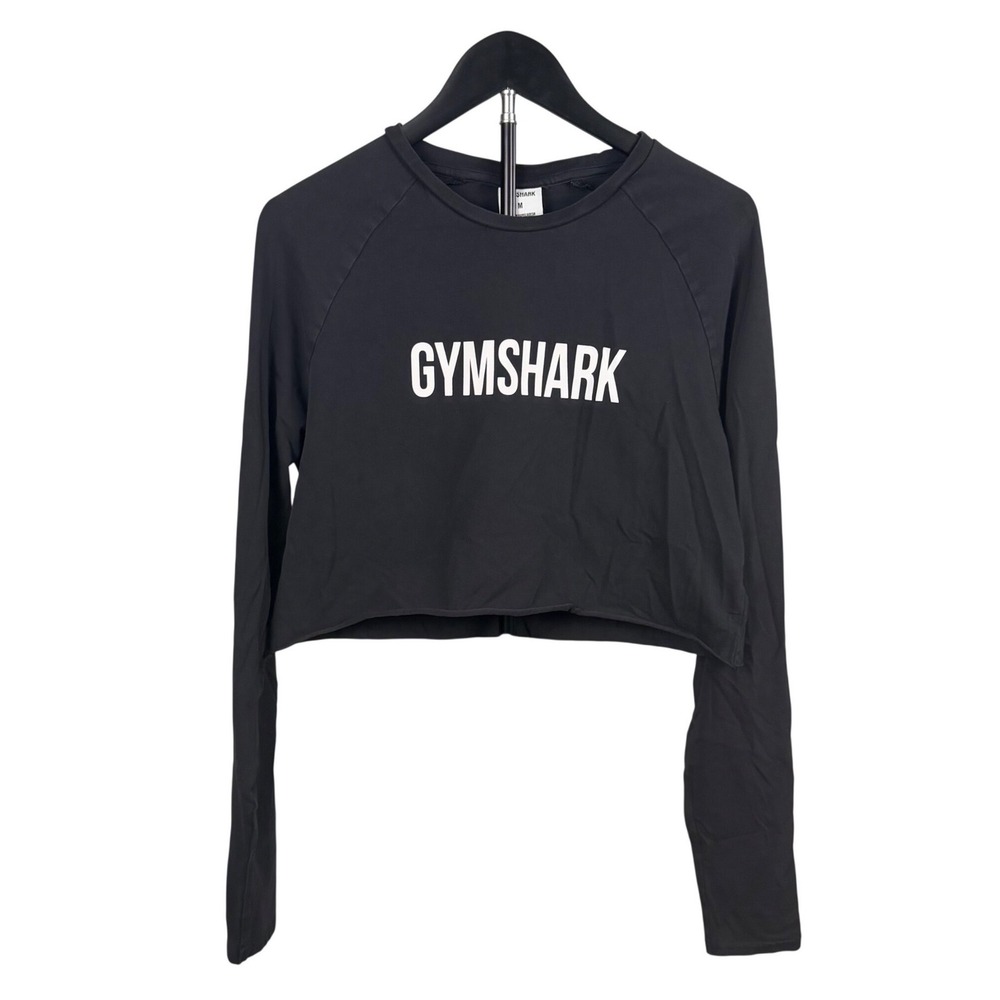 Gymshark Womens Black Long Sleeve Cropped Graphic Logo T-Shirt Size M